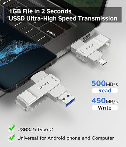USB C Flash Drive 1 TB, 500MB/s High Speed Thumb Drive, USB 3.2 + Type C Dual Drive, Portable Memory Stick for iPhone15/16/PS4/Tablet/Laptop/PC Data Backup, Sliver