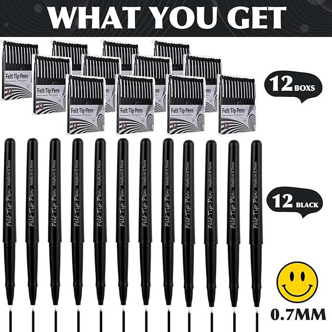 144 Pcs Black Felt Tip Pens 0.7mm Medium Point Pens Bulk, Felt Tip Markers for Journaling, Writing, Note Taking, Planner, Ideal for Office School Art Supplies Gift