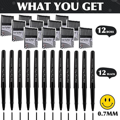 144 Pcs Black Felt Tip Pens 0.7mm Medium Point Pens Bulk, Felt Tip Markers for Journaling, Writing, Note Taking, Planner, Ideal for Office School Art Supplies Gift