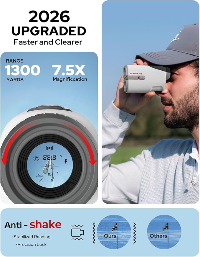 Golf Rangefinder with Slope, 1300 Yards Laser Range Finder Golf, 7.5X Magnification Flag Pole Locking Vibration Rechargeable Range Finders with Magnet Golf Accessories for Men Women Sightflag GF1