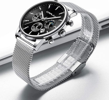 CRRJU Men's Fashion Casual Watches Auto Date Chronograph Watch Men Nice Work Watches Waterproof 30M Full Steel Quartz with Mesh Strap