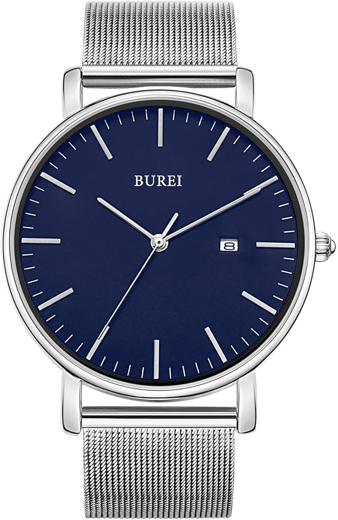 BUREI Men Watches Brown Leather Fashion Minimalist Wrist Watch Simple Ultra Thin Waterproof Quartz Watches All Black Stainless Steel Mesh Band,Gift for Men Women