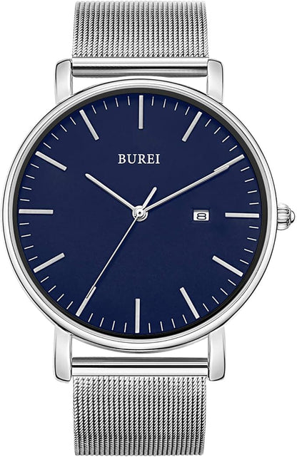 BUREI Men Watches Brown Leather Fashion Minimalist Wrist Watch Simple Ultra Thin Waterproof Quartz Watches All Black Stainless Steel Mesh Band,Gift for Men Women