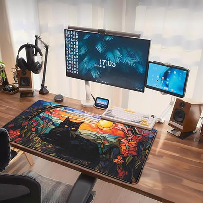 Black Cat Desk Mat Vintage Sunset Desk Mouse Keyboard Pad, XXL Large Mouse Pad Laptop Desk Mousepad with Stitched Edges, Keyboard Pad Mouse Mat for Work Game Office Desk Accessories 31.5x15.7 in
