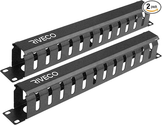 RIVECO 2PCS 1U 12 Slot Rack Manager, Server Rack Cable Management, Cord Wire Organizer with Cover for Network Rack Cabinet Horizontal Mount, 19-inches Cable Raceway