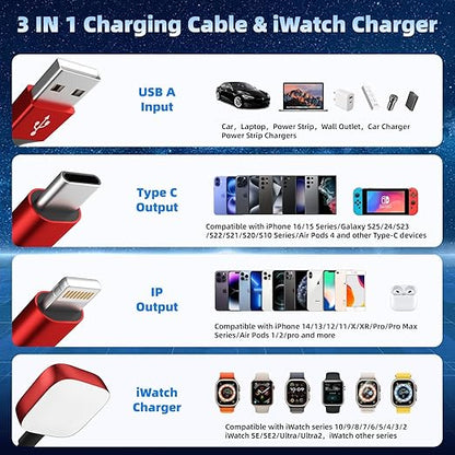 Multi Charging Cable for iWatch Charger, 3 in 1 Charging Cable USB Multiple Charger Cord for iWatch Ultra/SE/10-1, iPhone17-8, iPad, Android, Car, Cruise Essentials - 3Pcs 5FT