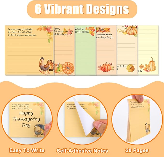 30 Pack Thanksging Christian Sticky Notes - 600 Sheets Religious Notepads Givethanks Bible Verse Quotes Notepads for Message Reminder Gifts Diary Lists Schedules Studying Office School