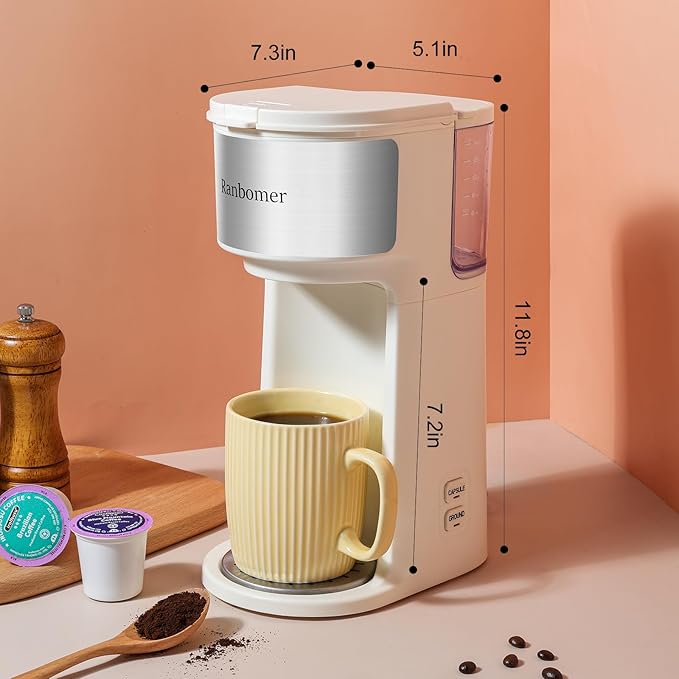 K Cup Coffee Maker, Single Serve coffee machine or Ground Coffee Machine 2 in 1, 6 to 14 Oz Brew Sizes, Mini One Cup Coffee Maker with Self cleaning Function, Fits Travel Mug (White)