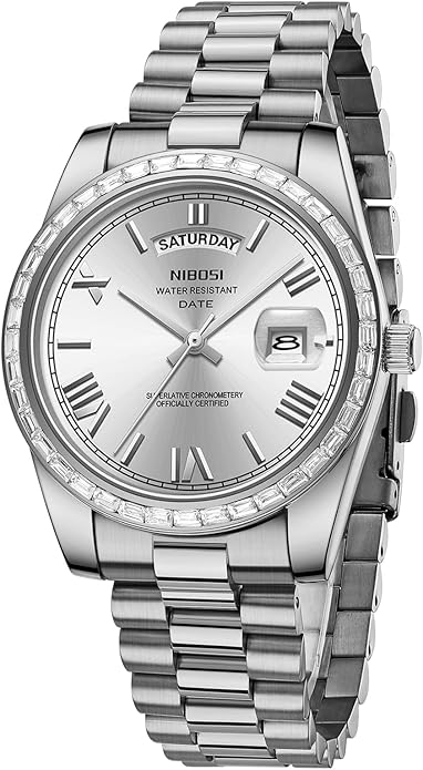 NIBOSI Men's Watches Analog Quartz Diamond Bezel Stainless Steel Dial Rose Gold Silver Watches for Men Waterproof Business Classic Dress Wrist Watch with Day Date