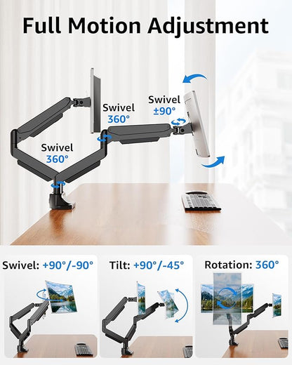 MOUNTUP Dual Monitor Mount fits 42 40 39 37 34 32 27 inch Ultrawide Screen, Holds 6.6-33lbs, Dual Monitor Arm Desk Mount, Heavy Duty Gas Spring Monitor Stand for 2 Monitors, with Clamp/Grommet Base
