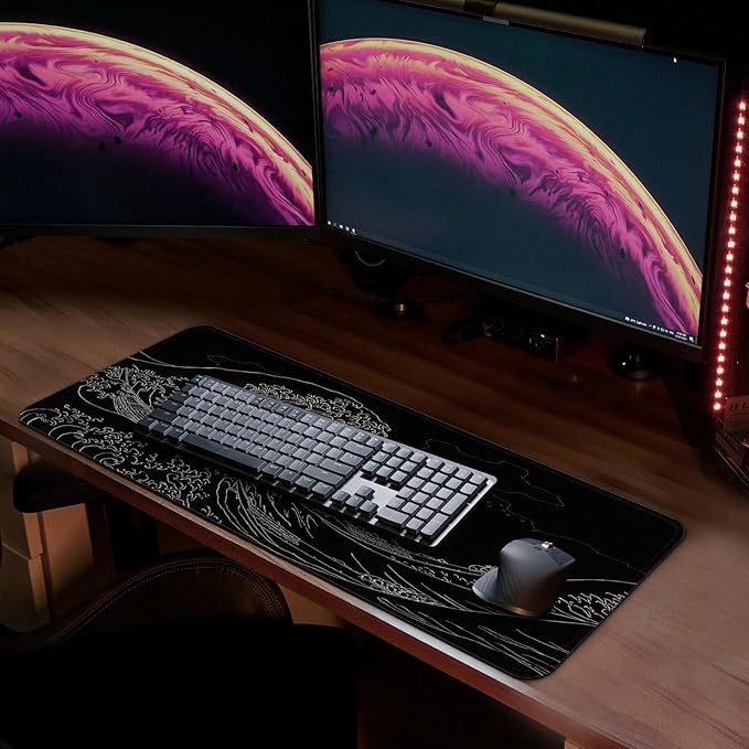 MAY FLOWER Large Gaming Mouse Pad, Full Keyboard Mat, Long Laptop Mousepad, Computer Mouse Mat for Home and Office, Anti-Slip Rubber Base, 31.5 x 11.8 Inches (Black Sea Wave)