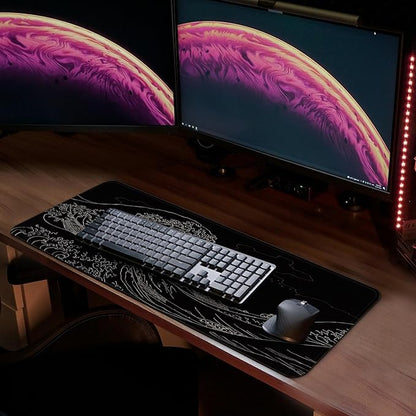 MAY FLOWER Large Gaming Mouse Pad, Full Keyboard Mat, Long Laptop Mousepad, Computer Mouse Mat for Home and Office, Anti-Slip Rubber Base, 31.5 x 11.8 Inches (Black Sea Wave)
