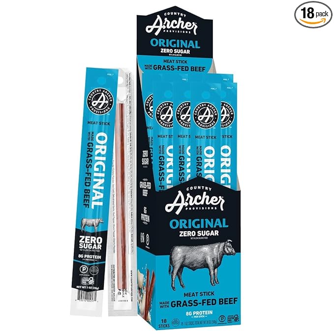 Country Archer Beef Jerky Sticks - Grass Fed Beef Sticks Individually Wrapped, Beef Sticks Bulk, Beef Jerky Snack Packs, Gluten Free, Paleo, Keto - 1 oz Meat Sticks (Pack of 18)