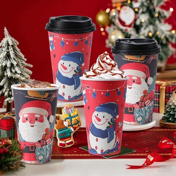 50 Pack 16 oz Christmas Coffee Cups with Lids, Holiday Disposable Paper Cups for Xmas Party Drinks, Hot Cocoa, Hot Chocolate, Cold Beverage