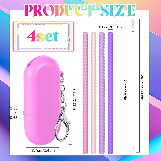 Meanplan 4 Sets Cruise Ship Essentials,4 Set Silicone Straws with Case Reusable Silicone Portable Drinking Straw Set for Party Travel Cold or Hot with 4 Carry Case, 4 Cleaning Brushes (Pink)