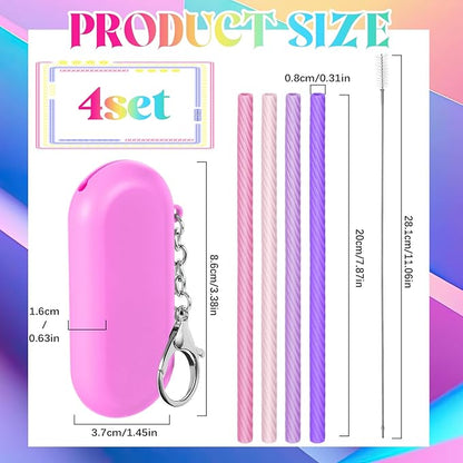 Meanplan 4 Sets Cruise Ship Essentials,4 Set Silicone Straws with Case Reusable Silicone Portable Drinking Straw Set for Party Travel Cold or Hot with 4 Carry Case, 4 Cleaning Brushes (Pink)