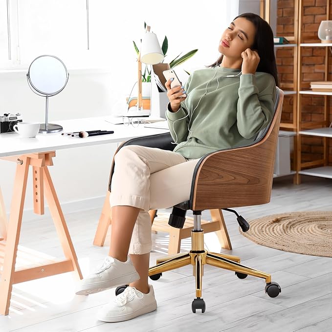 Genuine Leather Office Desk Chair, Adjustable Height Small Modern Comfortable Walnut Vanity Chair, Gold Legs Mid Back 360 Swivel for Home Office, Bedroom, Study, Meeting Room(Vintage Black)