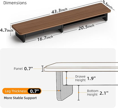 Large Dual Monitor Stand For Desk,43 Inch Desktop Computer Riser with Metal Drawer Desk Shelf Organizer For Computer/Laptop/PC/Printer/TV