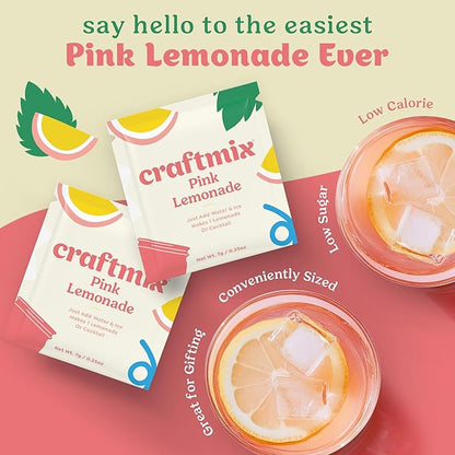 Craftmix Pink Lemonade Mix, 12 Packets, Easy Powder Drink with Real Fruit, Low-Sugar, Vegan, Low-Carb, Non-GMO, Dairy-Free, Gluten-Free, Flavored Water Enhancer, On-the-Go Water Flavoring Packets