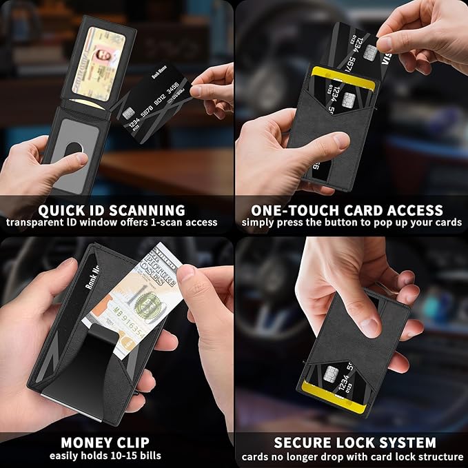 Wallet for Men Slim RFID Blocking-Metal Smart Pop-Up Credit Card Holder with 2 ID Windows, Holds 8-10 Cards,Bifold Minimalist Front Pocket Wallet & Money Clip,Men's accessories (Black)