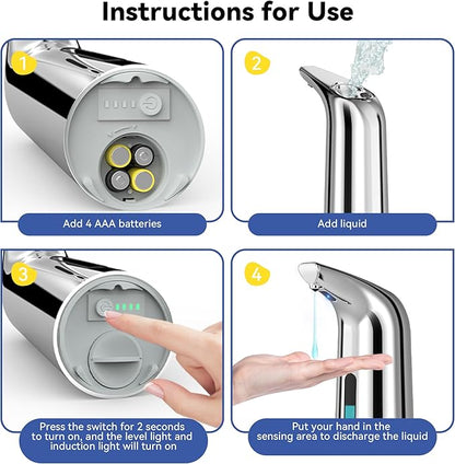 Automatic Soap Dispenser with Infrared Sensor - Adjustable 4-Level Touchless Hand Soap for Kitchen, Bathroom - Battery Operated Electric Dispenser, Durable Plastic, Smart Soap Holder (400ML Silver)