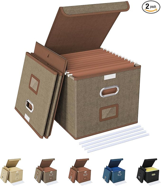 Oterri 2 Pack File Organizer Box,File Box,Small File Cabinet for Letter Folders,Light Brown Portable Filing Box,Hanging File Folder Organizer with Lid for Office/Decor/Home- without Folders