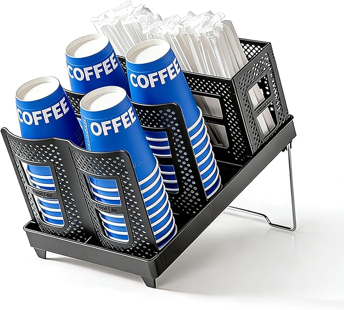 Unbreakable All-in-One Coffee Cup Holder Organizer Adjustable 6-Compartment Countertop Cup and Lid Dispenser with Straw and Coffee Pod Storage for Kitchen Office Breakroom Coffee Station Bar