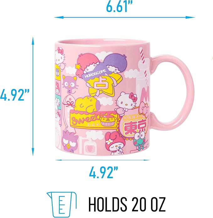Silver Buffalo Sanrio Hello Kitty and Friends Kawaii Tokyo Theme Featuring Little Twin Stars, Chococat, My Melody, Keroppi, Badtz-Maru, and Pompompurin Ceramic Mug, 20 Ounces