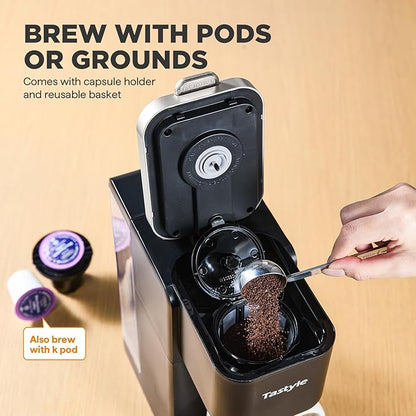 Single Serve Coffee Maker, Iced and Hot Coffee Machine for K Cup & Grounds, Compact Design, 40oz Removable Water Reservoir, 6 to 24 Oz Brew Sizes, Fits 7.3" Travel Mug, Black