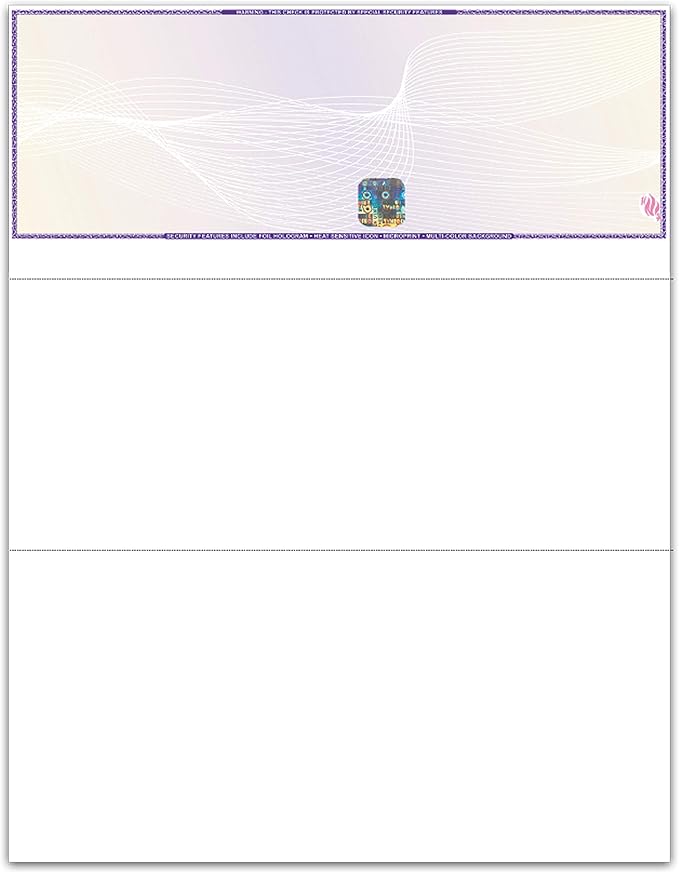 EZ Checks Premium High Security Check Paper with Hologram & 20 Security Features | 500 Sheets (Purple/Yellow, Check at Top)