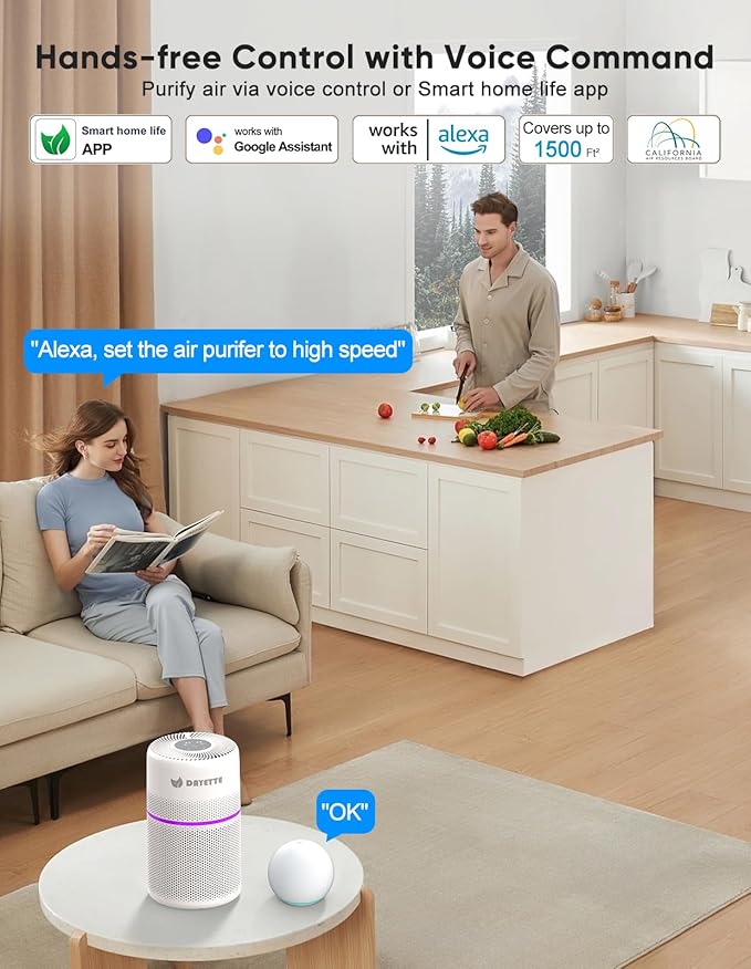 Smart Air Purifiers for Bedroom, DAYETTE 7 Color Light H13 Air Purifier for Home Large Room Up to 1500 Ft², APP Control & 20 dB Sleep Mode 2/4/8 Timer