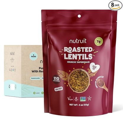Nutruit Roasted Lentil Snacks - Tasty Snack Box with Vegan, Gluten Free, Non-GMO, High Protein, Low Calorie, Healthy On-The-Go Low Calorie Lentils Snacks - 4oz Packs (8-Pack Box) (8 Pack, Barbecue)
