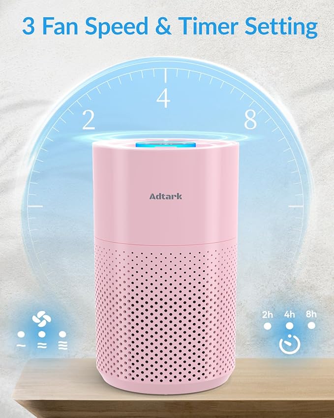 Air Purifiers for Home Bedroom, ADTARK Air Cleaner with H14 True HEPA 3-in-1 Filter, Sleep Mode & Aroma Function, 3 Light Modes, Room Air Purifier with 3 Timer for Office, Dorm, Hotel (Pink)