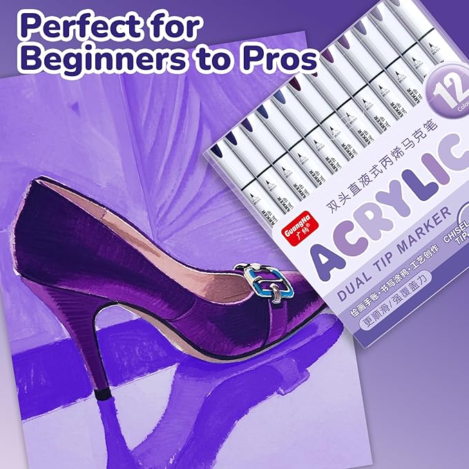 Guangna 12 Purple Dual Tip Acrylic Paint Markers, Brush Tip & Chisel Tip Acrylic Paint Pens for Pumpkin Paint, Rock, Wood, Glass, Paper, Coloring Book, Ceramic, Canvas, Water-Based Ink