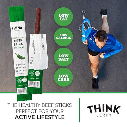 Think Jerky Jalapeno Beef Sticks, Gluten and Sugar Free, No Nitrates, Keto Paleo Friendly High Protein Low Carb Meat Snack - 0.5 oz Sticks, 20 Pack