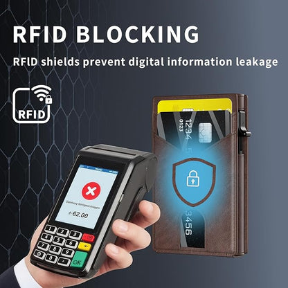 Wallet for Men Slim RFID Blocking-Metal Smart Pop-Up Credit Card Holder with 2 ID Windows, Holds 8-10 Cards,Bifold Minimalist Front Pocket Wallet & Money Clip,Men's accessories (Coffee)