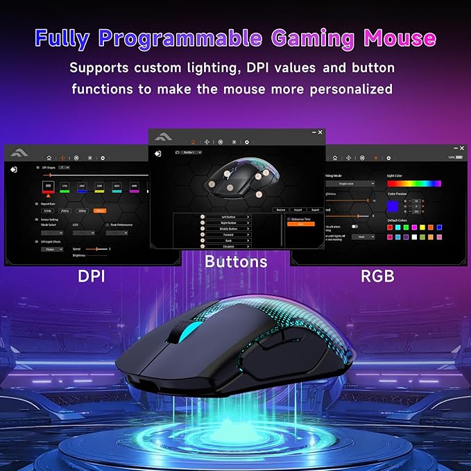 FFJ Master02 Wireless Gaming Mouse, 12000 DPI, Tri-Mode 2.4G/USB-C/Bluetooth 5.3 Gaming Mouse, Python Skin Texture RGB Backlit, 6 Programmable Buttons, 75Hr Battery Life for PC, Mac, PS5, XBOX - Black
