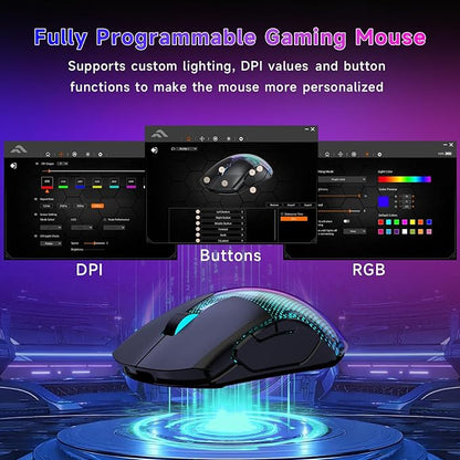 FFJ Master02 Wireless Gaming Mouse, 12000 DPI, Tri-Mode 2.4G/USB-C/Bluetooth 5.3 Gaming Mouse, Python Skin Texture RGB Backlit, 6 Programmable Buttons, 75Hr Battery Life for PC, Mac, PS5, XBOX - Black