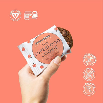 Love + Chew Superfood Soft Baked MINI Cookies, Pumpkin Chip Flavor, Plant Based Cookie Made With Almonds & Dark Chocolate for Kids and Adults, Vegan Snacks, Gluten Free, Paleo, Non GMO, 18 Pack