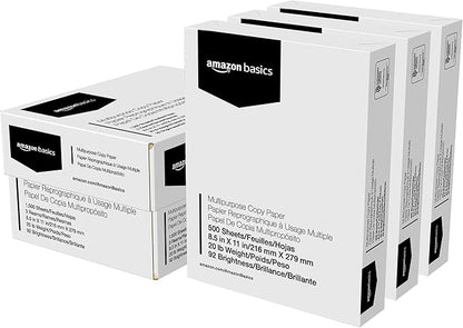 Amazon Basics Multipurpose Copy Printer Paper, 20 lb, 8.5 x 11 Inches, 3 Reams (1,500 Sheets), 92 Bright, White