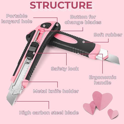 Box Cutter, Box Cutter Retractable Self Loading, Heavy Duty Utility Knife, 18mm-Wide Blade Knife, Box Opener Tool with Rubber Handle, Retractable Paper Exacto Knife, Pink