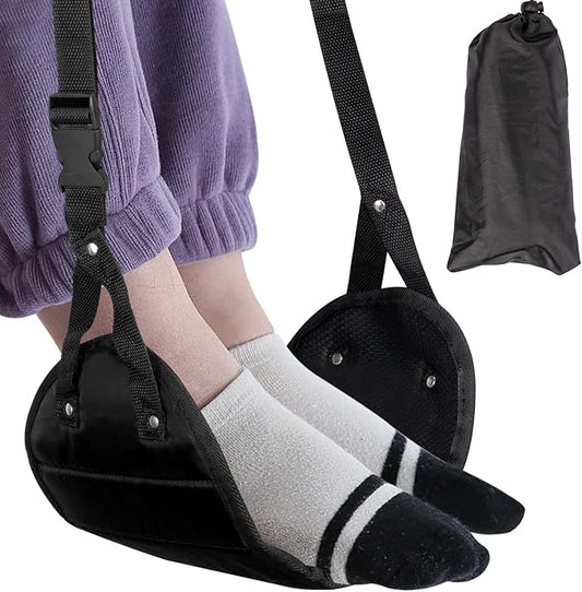 Airplane Foot Hammock, Portable Airplane Footrest to Relax Feet, Adjustable Foot Hanger for Long Trip Home Office, Travel Essentials, Black
