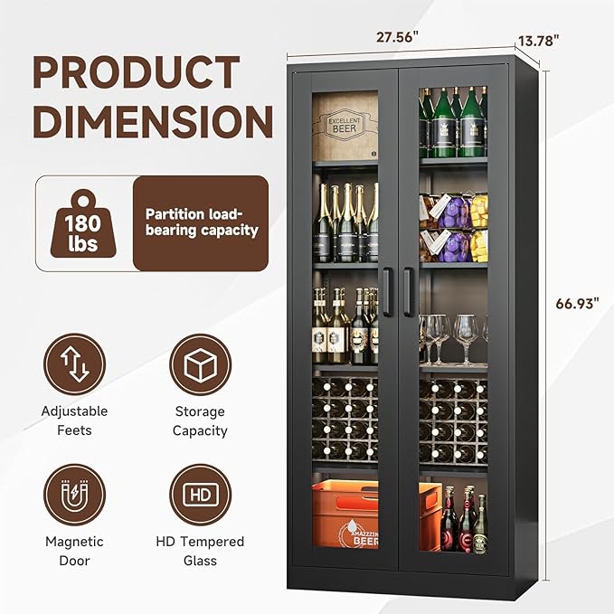 Display Storage Cabinet with Glass Door, 67 Inches Metal Curio Cabinet with 4 Adjustable Shelves, Lockable Glass Display Case for Home, Office, Clinic, Pantry, Assemble Required (Black)