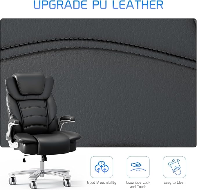 GYI Big and Tall Office Chair 400lb Wide Seat, Ergonomic High Back Leather Executive Desk Chair with Flip-up Arms, Black