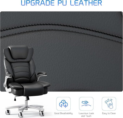 GYI Big and Tall Office Chair 400lb Wide Seat, Ergonomic High Back Leather Executive Desk Chair with Flip-up Arms, Black