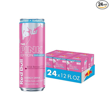 Red Bull Pink Edition Sugar-Free Energy Drink, Wild Berries, with 114mg Caffeine plus Taurine & B Vitamins, 12 Fl Oz, 6 Packs of 4 Cans (Pack of 24)
