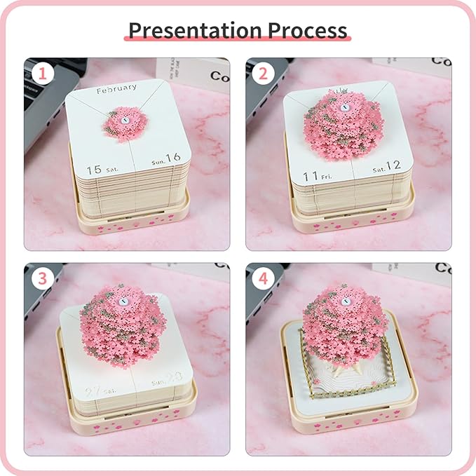 3D Time Piece Calendar 2026 DIY Calendars Tear Away Carving Art 3D Memo Pad Calendar With LED Lights sculpture artsy pads calendar notepad for Desktop Decor-Cherry Tree
