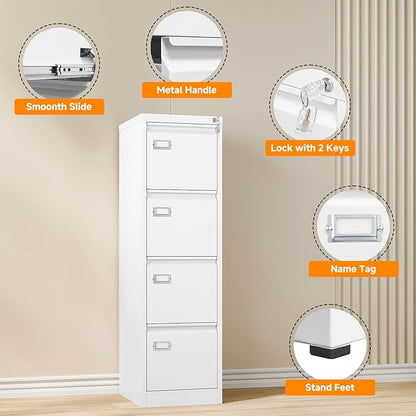 4 Drawer File Cabinet with Lock Metal Filling Cabinet Vertical Locking File Cabinets for Home Office to Hanging F4/A4 SizeA4 Legal/Letter Size, Assembly Required,White