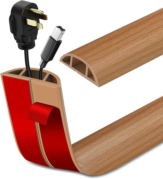 Floor Cord Cover Self Adhesive Cord Hider Floor Extension Cord Covers for Floor Power Cord Protector Cable Management Prevent Cable Trips Cable Cavity 0.59" W x 0.31" H (Light Brown Wood, 20Ft)