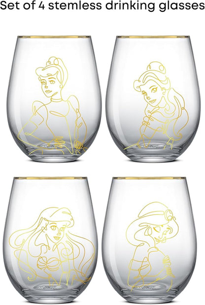 JoyJolt Disney Princess Sketch Stemless Drinking Glasses, 19oz Glass Cups ft Princess Jasmine Ariel Belle Cinderella, Disney Princess Kitchen Glassware Set of 4, Disney Gifts for Adults